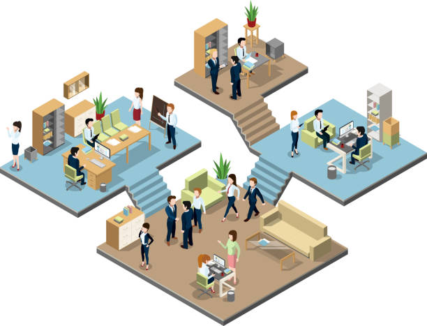 ilustrações, clipart, desenhos animados e ícones de centro de negócios com as pessoas no trabalho em escritórios. isométricas ilustrações vetoriais - office isometric built structure inside of