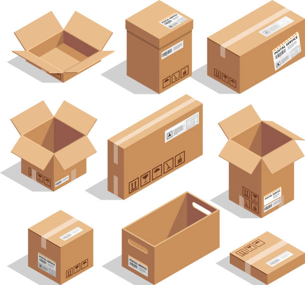 열기 및 폐쇄 골 판지 상자입니다. 아이소메트릭 그림 세트 - package box gift delivering stock illustrations