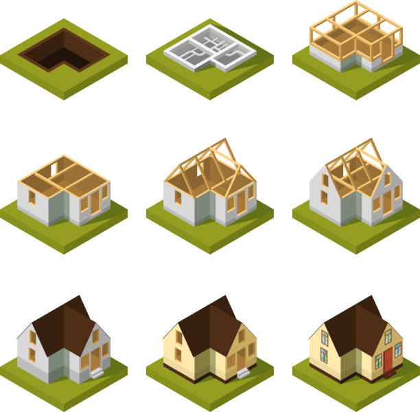 Visualization of modern building on different construction stages. Isometric vector illustration Visualization of modern building on different construction stages. Isometric construction urban building house vector illustration house borders stock illustrations