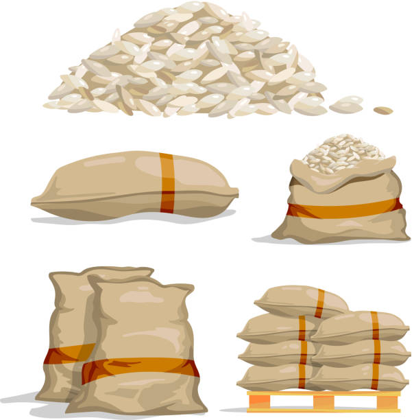 Different sacks of white rice. Food storage vector illustrations Different sacks of white rice. Food storage vector illustration. Grain rice in bag, sack with rice rice sack stock illustrations