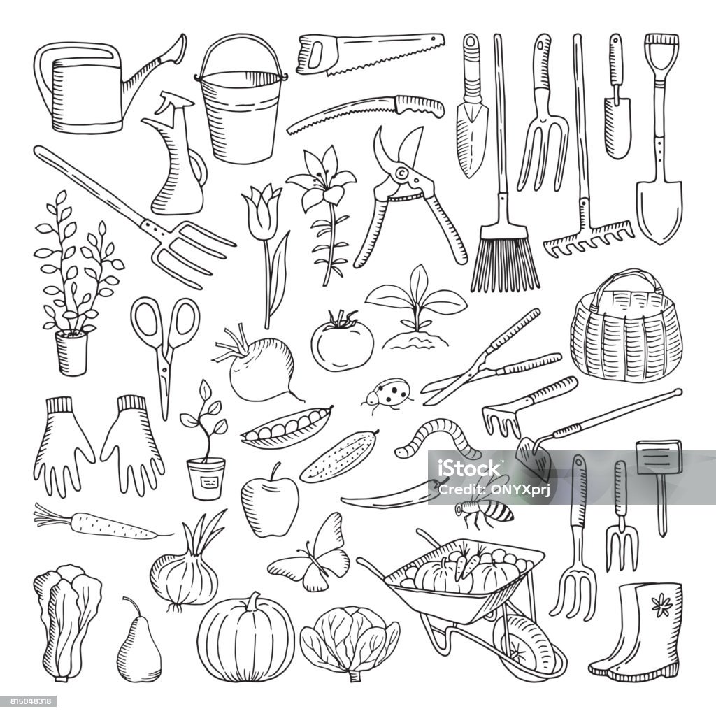 Hand drawn tools for farming and gardening. Doodle of nature environment Hand drawn tools for farming and gardening. Doodle of nature environment. Agriculture and farm equipments wheelbarrow and secateurs, farming tools illustration Gardening stock vector