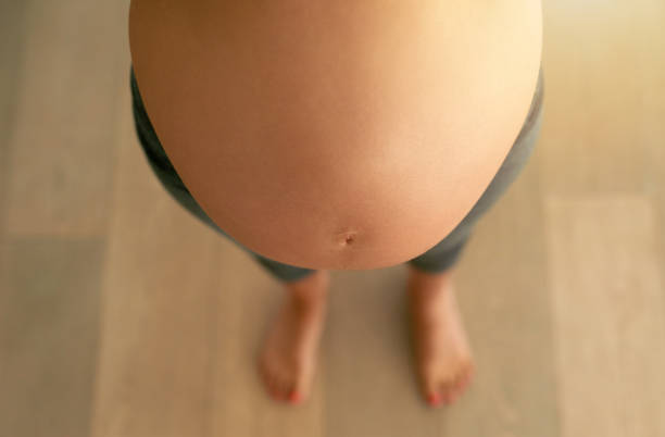 Blooming belly Cropped high angle shot of a pregnant woman’s bare belly yoga pants photos stock pictures, royalty-free photos & images