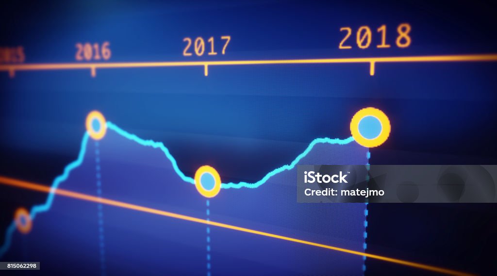 Yearly Graph Report A simple abstract financial chart showing a graph line plotted on a dark pixelated background. Bank Statement Stock Photo