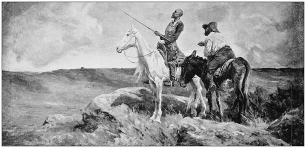 Antique photo of paintings: Don Quixote and Sancho Panza Antique dotprinted photo of paintings: Don Quixoteand Sancho Panza don quixote stock illustrations
