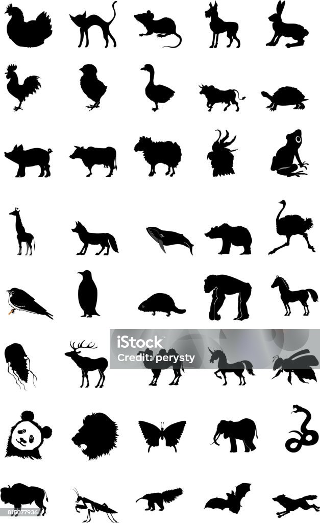 world of animal set of silhouettes of different animals, volume 1 Bat - Animal stock vector