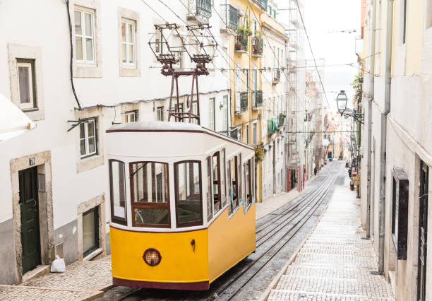 Yellow old tram in Lisbon stock photo