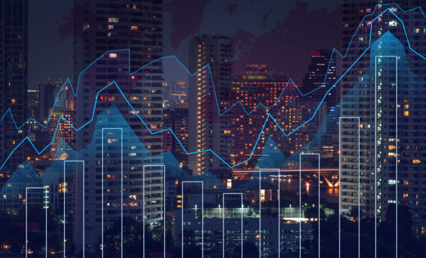 gráfico comercial en la ciudad por la noche y fondo de mapa del mundo, concepto del negocio financiero - mercado fotografías e imágenes de stock