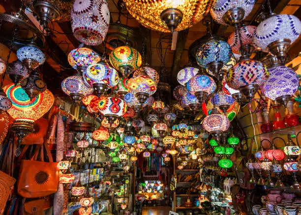Range of lantern and lamp hanging in the market at Marrakesh, Morocco.