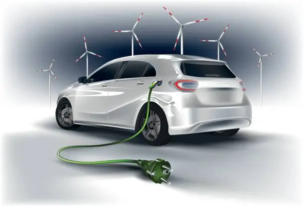 Vector illustration of Electric car with cable and plug and wind turbines.