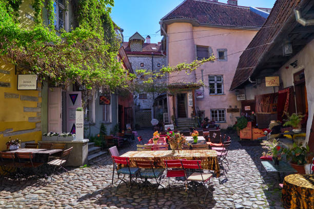 Courtyard in historic center in Tallinn stock photo