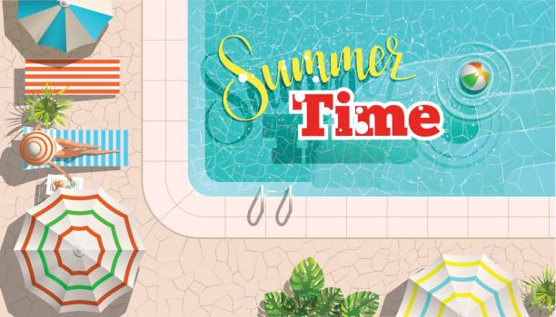 бассейн и лаунджи с объявлением о летней продаже - poolside enjoyment sensuality blue stock illustrations