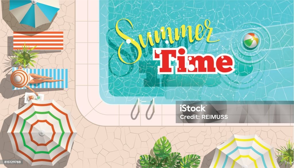 Pool and lounges with summer sale announcement Vector illustration of woman lying on lounge and relaxing at poolside with summer time words. Pool - Cue Sport stock vector