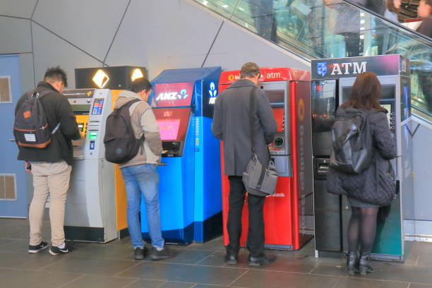 Cash machine ATM queue Melbourne Australia stock photo
