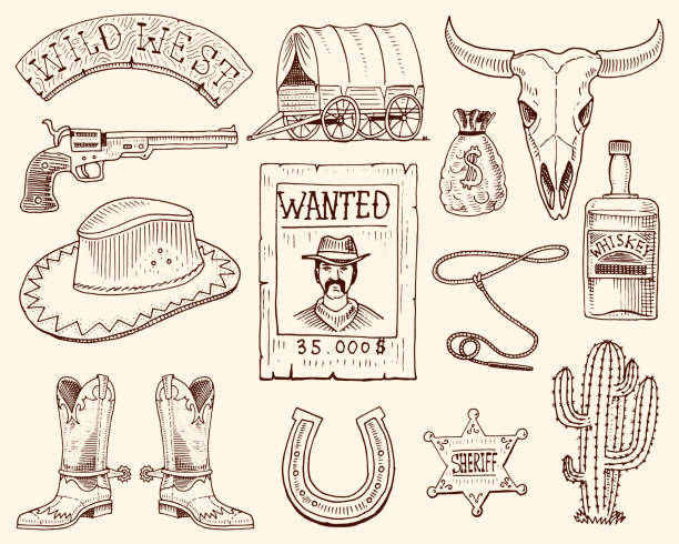 ilustrações de stock, clip art, desenhos animados e ícones de wild west, rodeo show, cowboy or indians with lasso. hat and gun, cactus with sheriff star and bison, boot with horseshoe and wanted poster. engraved hand drawn in old sketch or and vintage style - cowboy wild west silhouette gun