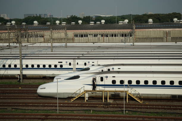 Shinkansen in morning This  is  the Shinkansen railyard in Tokyo bay area. tokyo bullet train stock pictures, royalty-free photos & images