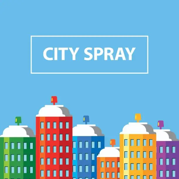 Vector illustration of City buildings of spray paint banner. Aerosol cans like skyscrapers. Flat style vector illustration.