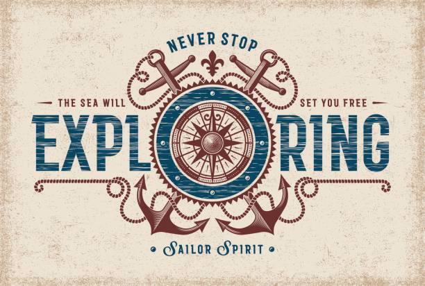 Vintage Never Stop Exploring Typography Vintage never stop exploring typography, t-shirt and label graphics with compass rose and anchors. Editable EPS10 vector illustration in woodcut style. never stock illustrations