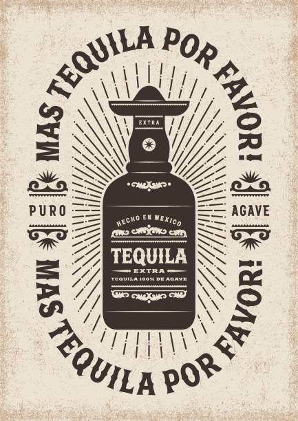 Vintage Mas Tequila Por Favor (More Tequila Please) Typography Vintage mas tequila por favor typography, t-shirt and label graphics with bottle. Editable EPS10 vector illustration in woodcut style. tequila drink illustrations stock illustrations