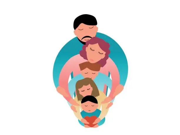 Vector illustration of Family concept vector illustration - Dad and mom with three children