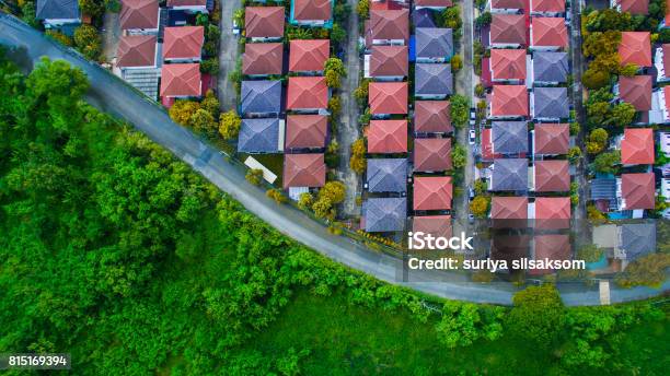 Aerial View Of Good Environmental Home Village And Green Space Of Natural Field Stock Photo - Download Image Now