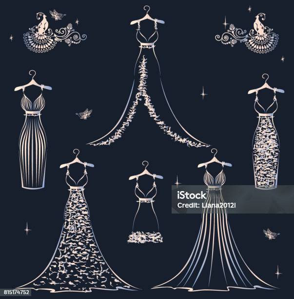 Beautiful Wedding Dress Set Stock Illustration - Download Image Now - Wedding Dress, Sketch, Dress