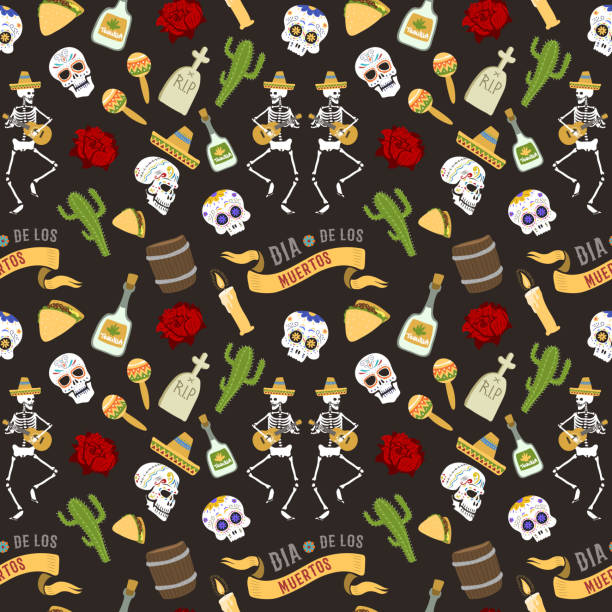 ilustrações, clipart, desenhos animados e ícones de símbolos coloridos para o dia de los muertos dia do dia morto vector sem costura de fundo - day of the dead skull tattoo mexico