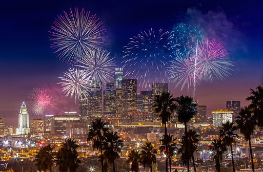 A stock photo of fireworks over Downtown Los Angeles, California.