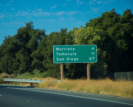 A stock photo of the San Diego / Temecula / Murrieta road sign in California, USA