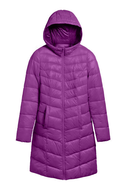 istock Purple violet winter long coat jacket with hood isolated on white 815196302