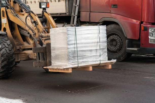 istock forklift transports the pallet with the load 815202104