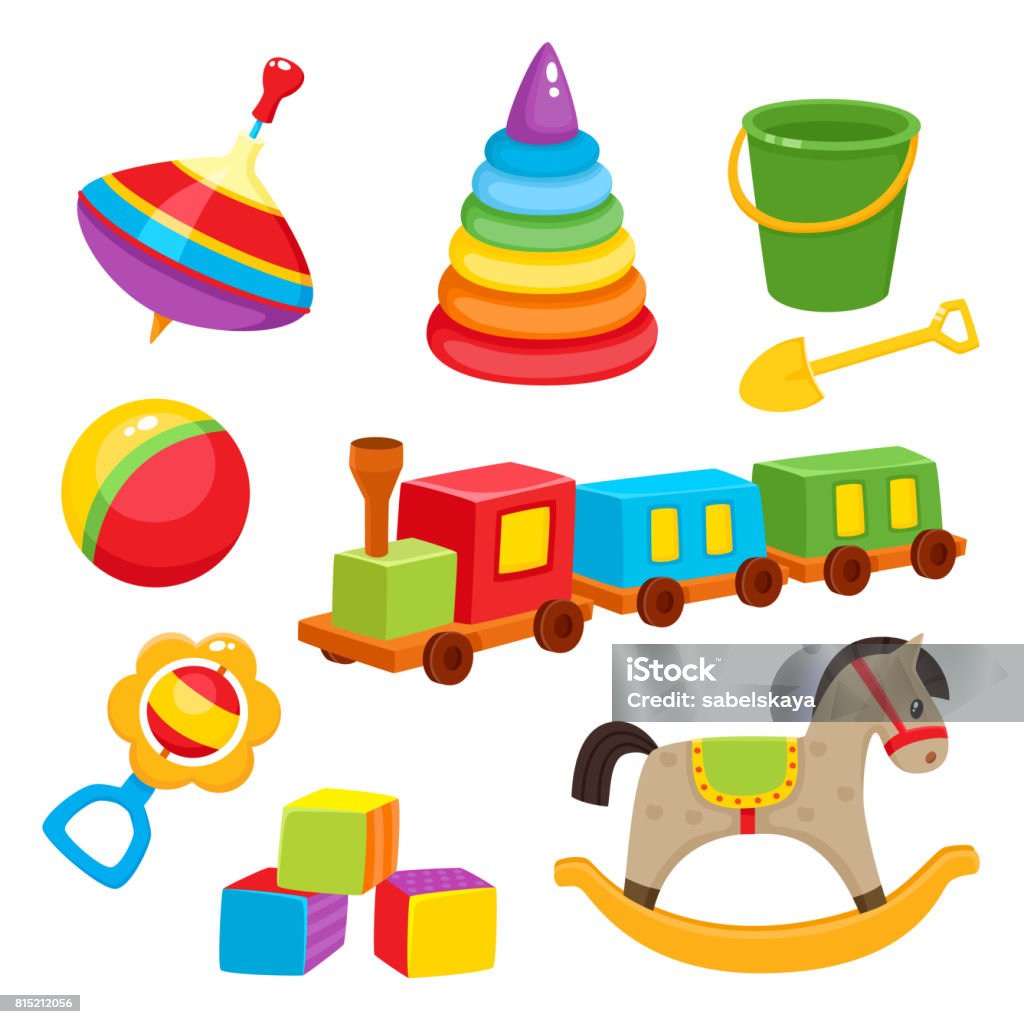 Set Of Colorful Cartoon Style Baby Toys Kid Items Stock Illustration -  Download Image Now - iStock