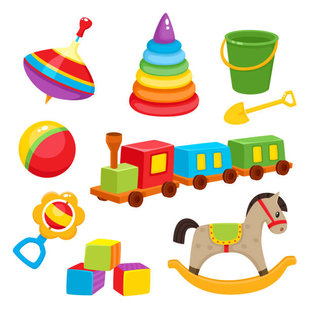 Set of colorful, cartoon style baby toys, kid items Set of baby, kid toys - pyramid, spinning top, bucket, shovel, ball, train, rocking horse, rattle, blocks, cartoon vector illustration isolated on white background. Colorful kid items, baby toys set spinning top stock illustrations