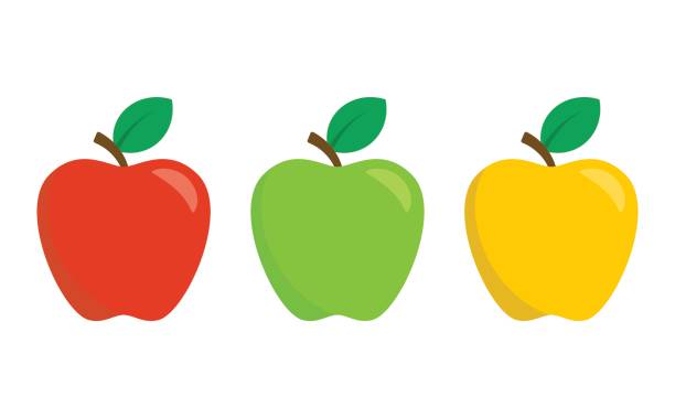 ilustraciones, imágenes clip art, dibujos animados e iconos de stock de amarillas, rojas y verdes las manzanas aisladas sobre fondo blanco. conjunto de iconos de vector de estilo de diseño plano - apple