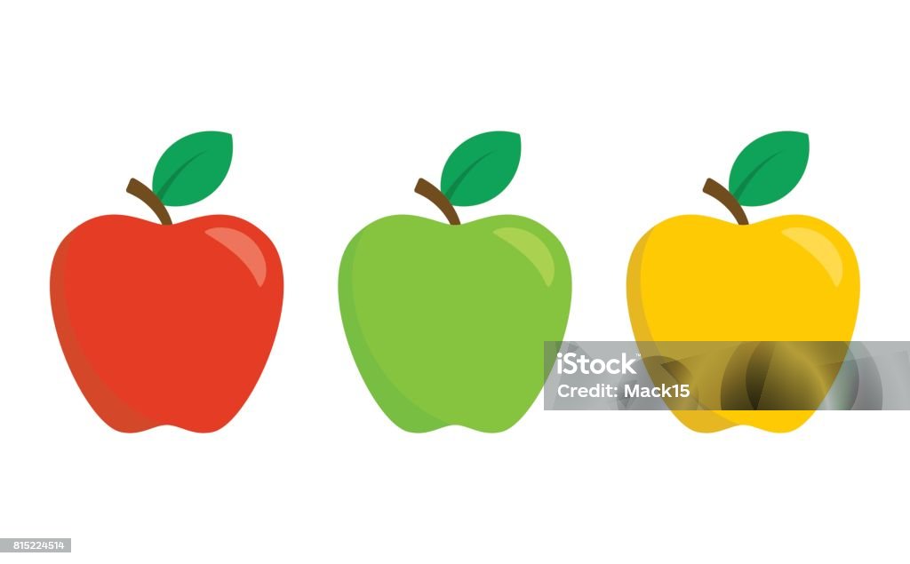 Pommes rouges, vertes et jaunes isolés sur fond blanc. Ensemble d’icônes vectorielles dans le style design plat - clipart vectoriel de Pomme libre de droits