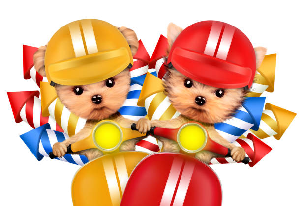 Couple of dogs carry firework rockets isolated on white background. Birthday and party concept. Realistic 3D illustration.