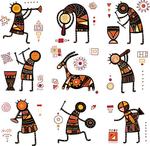 Set of 9 backgrounds with African ethnic patterns Collection of nine patterns with African ethnic ornaments with animal and dancing musicians of yellow, orange, black and red color. EPS8 african musical instrument stock illustrations