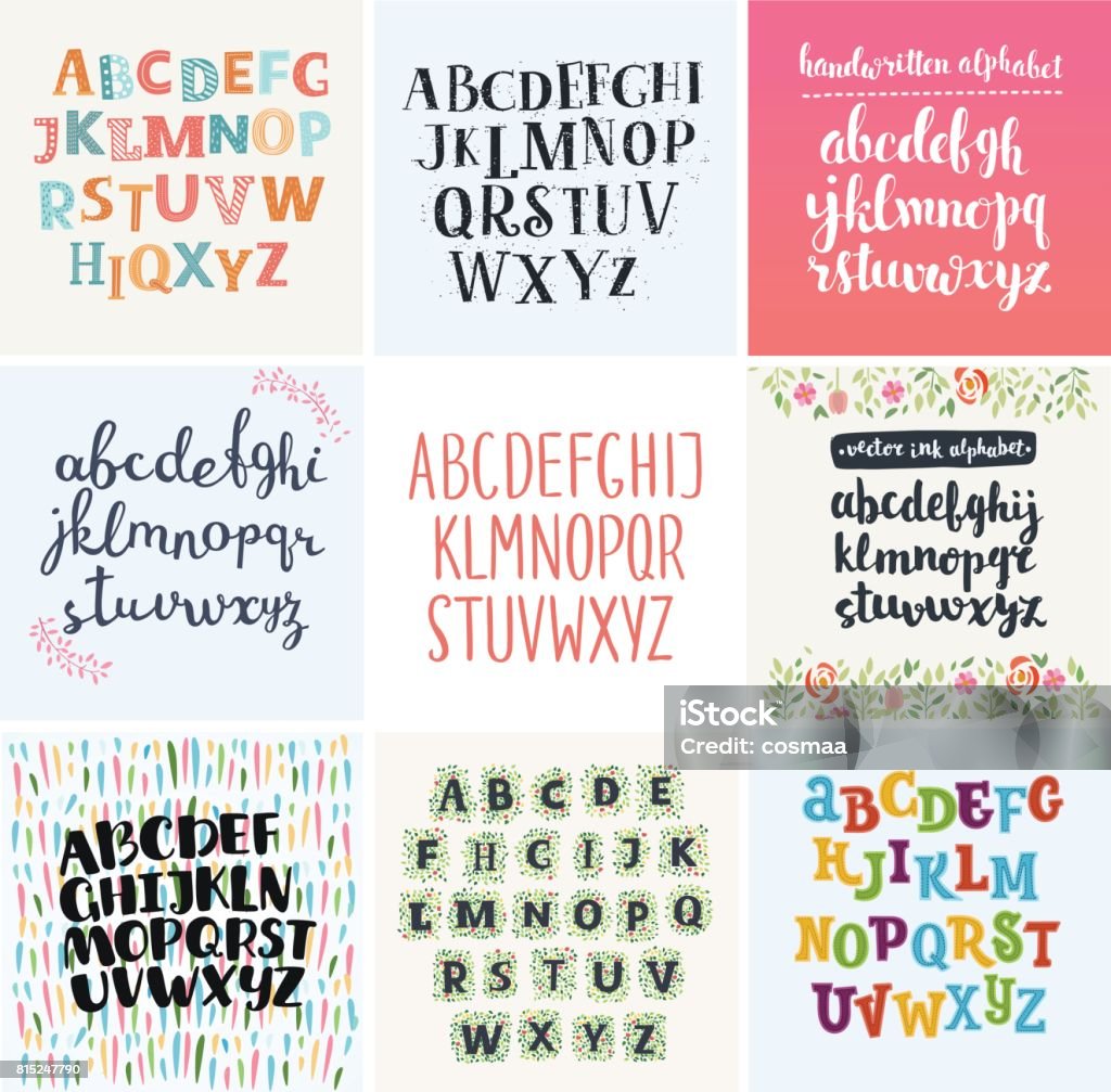 Vector set of four difference english Alphabets. Vector set of four difference english Alphabets. Cute colorful vector English alphabet, vintage font, funny hand written font and capital ABC. Lowercase and uppercase letters Typescript stock vector