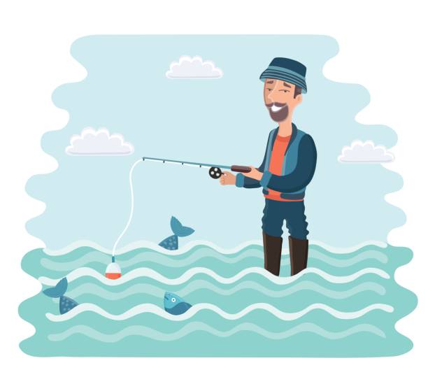 ilustraciones, imágenes clip art, dibujos animados e iconos de stock de barbudo pescador de pie en el agua con una caña de pescar en sus manos. camping, vacaciones, relax. pescado y y flotador - natural pool fish sea water