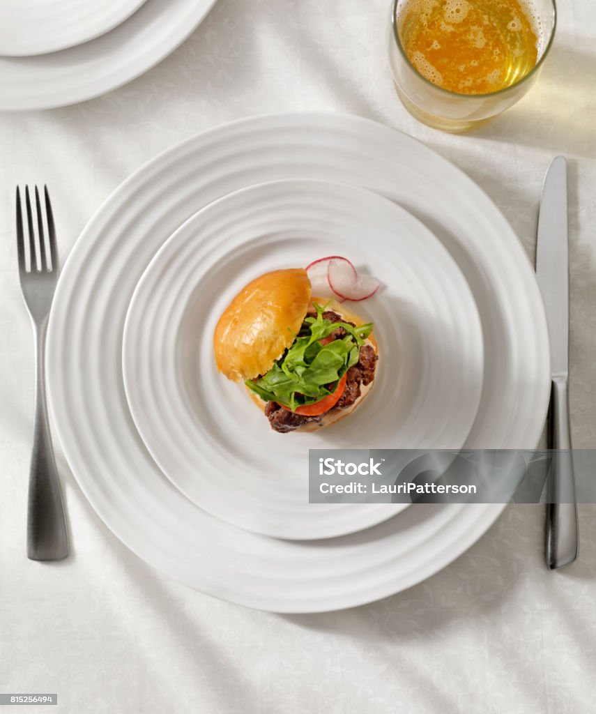Gourmet Mini Burger With A Beer Sampler Stock Photo - Image Now - High Angle View, Plate, Small iStock