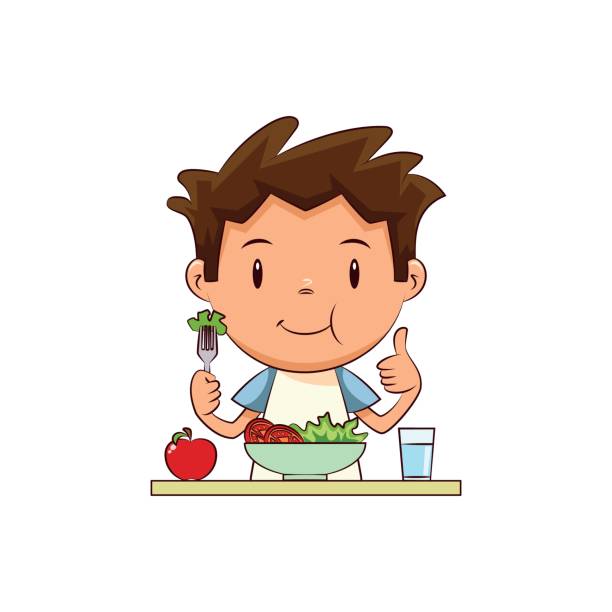 illustrazioni stock, clip art, cartoni animati e icone di tendenza di insalata da bambino che mangia - white background healthy eating meal salad