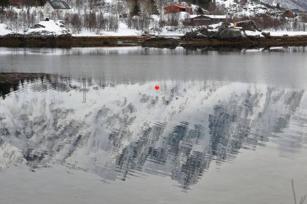 White-red-grey wooden cottages on Sildpollnes peninsula seen from across Sildpolltjonna bay. Lilandstinden mount background reflected on Austnesfjorden waters. Vagan kommune-Austvagoya-Lofoten-Norway.