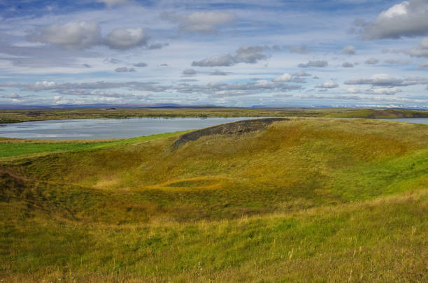 Pseudocraters and valcano mount. Lake Myvatn summer landscape, Iceland
