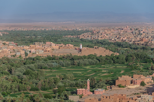 The fortified city of Khiva photographed from a tower. In the view a number of towers and minarets of the madrassa.