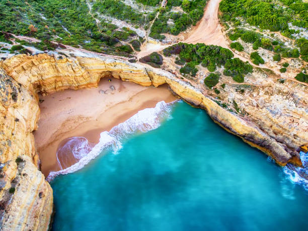 Algarve, Portugal: aerial UAV photo of the coast Algarve, Portugal: aerial UAV photo of the coast at sunset albufeira photos stock pictures, royalty-free photos & images