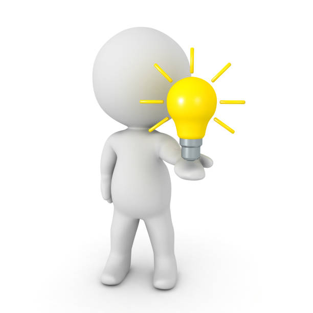 istock 3D Character holding glowing bright yellow light bulb in his hand 815287380