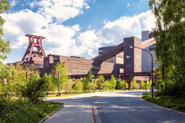 Rear View of Zollverein Coal Mine Industrial Complex with blue sky