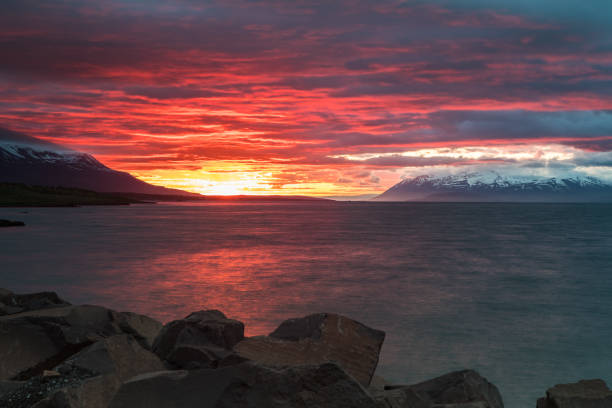 Midnight Sunset in Spring in Akureyri, Iceland