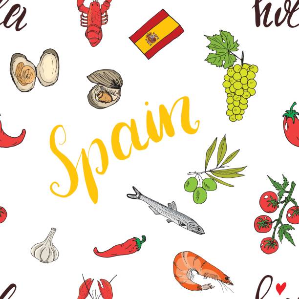 Spain seamless pattern doodle elements, Hand drawn sketch spanish food shrimps, olives, grape, flag and lettering. vector illustration background. Spain seamless pattern doodle elements, Hand drawn sketch spanish food shrimps, olives, grape, flag and lettering. vector illustration background spanish food stock illustrations