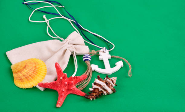 Bag, anchor, starfish on a green background