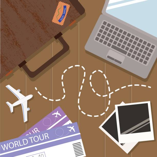 istock Top view of travel items on wooden table with road trip vector 815349894